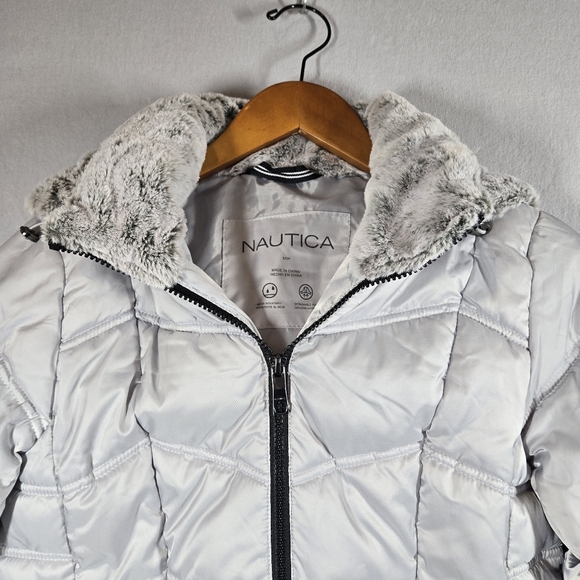 Nautica Water Resistant Puffer Coat with Hood Silver Gray Women's Small - Picture 5 of 14